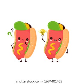 Cute hot dog with question mark and idea lightbulb. Vector flat cartoon character illustration. Isolated on white background