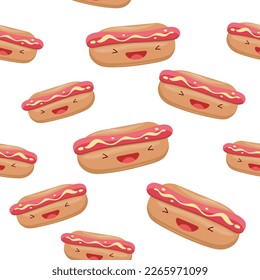 Cute hot dog seamless pattern. Vector illustration. Food icon concept. Flat cartoon style.