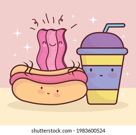 cute hot dog soda bacon cartoon