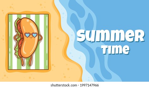 Cute hot dog sunbathing on the beach with a summer greeting banner
