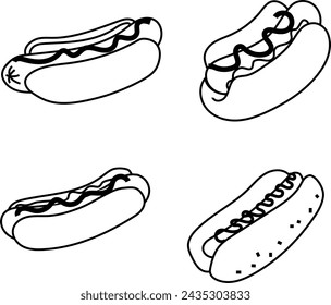 Lineart lindo del perro caliente - ilustración monocromática de comida rápida