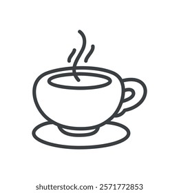 Cute hot drink icon. Hand drawn monochrome illustration of a steamed cup of tea or coffee isolated on a white background. Vector 10 EPS.