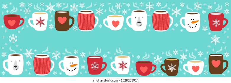 Cute Hot Drinks horizontal background with hand drawn cozy mugs for your decoration