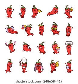 Cute hot pepper character. Cheerful cartoon vegetable. Hand drawn style. Vector drawing. Collection of design elements.