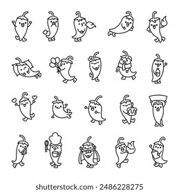 Cute hot pepper character. Coloring Page. Cheerful cartoon vegetable. Hand drawn style. Vector drawing. Collection of design elements.