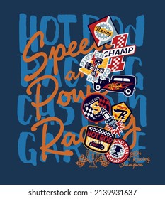 Cute Hot Rod dragster car racing team  roadster motor vector print for children wear with embroidery applique badges