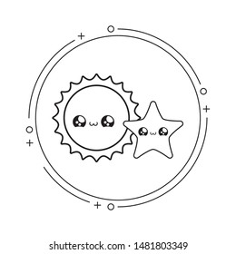 cute hot sun with star in frame circular kawaii style