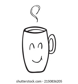 Cute hot Tea or coffee cup with smile face vector doodle hand drawn line illustration. Doodle style