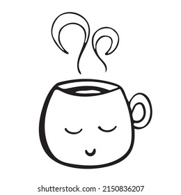 Cute hot Tee oder Kaffee-Tasse mit Lächeln Gesicht Vektorgrafik doodle handgezeichnet Linie Illustration. Doodle-Stil
