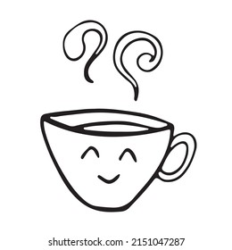 Té caliente o taza de café con la sonrisa cara vector doodle de la línea dibujada a mano. Estilo Doodle