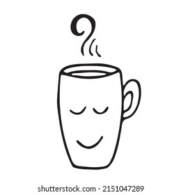 Cute hot Tea or coffee cup with smile face vector doodle hand drawn line illustration. Doodle style
