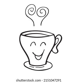 Té caliente o taza de café con la sonrisa cara vector doodle de la línea dibujada a mano. Estilo Doodle