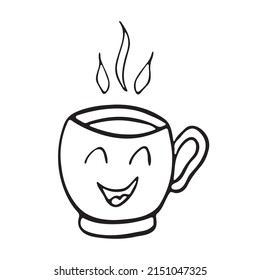Cute hot Tea or coffee cup with smile face vector doodle hand drawn line illustration. Doodle style