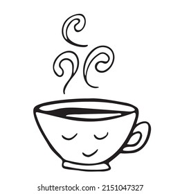 Té caliente o taza de café con la sonrisa cara vector doodle de la línea dibujada a mano. Estilo Doodle