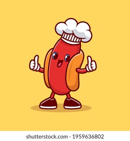 Cute Hotdog Chef Thumbs Up Cartoon Vector Icon Illustration. Food Profession Icon Concept Isolated Premium Vector. Flat Cartoon Style