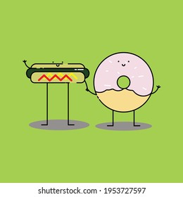 Cute hotdog and donut hold hand Illustration. modern simple food vector icon, flat graphic symbol in trendy flat design style. Food character.