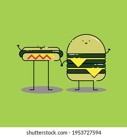 Cute hotdog and double cheese burger hold hand Illustration. modern simple food vector icon, flat graphic symbol in trendy flat design style. Food character. junk food menu.
