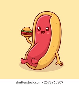Cute Hotdog Eating Burger Cartoon Vector Icon Illustration. 
Food Holiday Icon Concept Isolated Premium Vector. Flat 
Cartoon Style 