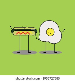 Cute hotdog and egg hold hand Illustration. modern simple food vector icon, flat graphic symbol in trendy flat design style. Food character.