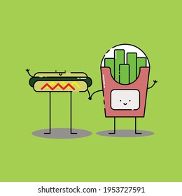 Cute hotdog and french fries hold hand Illustration. modern simple food vector icon, flat graphic symbol in trendy flat design style. Food character.