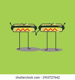 Cute hotdog and hotdog hold hand Illustration. modern simple food vector icon, flat graphic symbol in trendy flat design style. Food character.