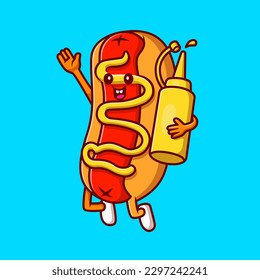 Cute Hotdog Holding Mustard Bottle Cartoon Vector Icon Illustration. Food Holiday Icon Concept Isolated Premium Vector. Flat Cartoon Style