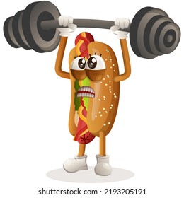 Cute hotdog mascot bodybuilding with barbell flexing muscles. Perfect for food store, small business or e-Commerce, merchandise and sticker, banner promotion, food review blog or vlog channel