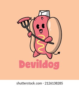 UNA MASCOTA DE HOTDOG ESTÁ TRANSMITIENDO UN GRAN FORK CON UNA SALSA. LOGO DE CARICATURA PREMIUM.