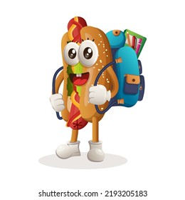 Una linda mascota de perro caliente cargando una mochila, una mochila, de vuelta a la escuela. Perfecto para tiendas de alimentos, pequeñas empresas o comercio electrónico, mercadería y emoticones, promoción de banners, blog de revisión de alimentos o canal de vlog