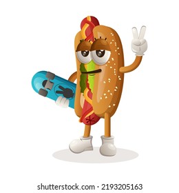 Cute hotdog mascot carrying a skateboard. Perfect for food store, small business or e-Commerce, merchandise and sticker, banner promotion, food review blog or vlog channel