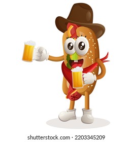 Cute hotdog mascot celebrate oktoberfest with holding beer. Perfect for food store, small business or e-Commerce, merchandise and sticker, banner promotion, food review blog or vlog channel
