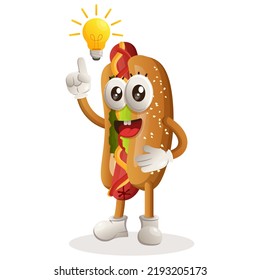 Cute hotdog mascot got an idea, bulb idea, inspiration. Perfect for food store, small business or e-Commerce, merchandise and sticker, banner promotion, food review blog or vlog channel