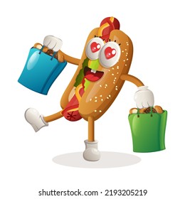 Cute hotdog mascot happy shopping. Perfect for food store, small business or e-Commerce, merchandise and sticker, banner promotion, food review blog or vlog channel