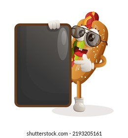 Cute hotdog mascot holding menu black Board, menu board, sign board. Perfect for food store, small business or e-Commerce, merchandise and sticker, banner promotion, food review blog or vlog channel