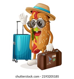 Cute hotdog mascot on vacation carrying a suitcase. Perfect for food store, small business or e-Commerce, merchandise and sticker, banner promotion, food review blog or vlog channel