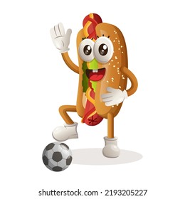 Cute hotdog mascot play football, soccer ball. Perfect for food store, small business or e-Commerce, merchandise and sticker, banner promotion, food review blog or vlog channel