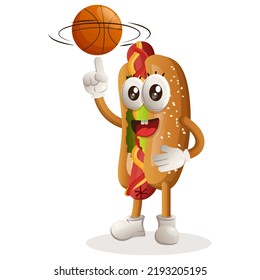Cute hotdog mascot playing basketball, freestyle with ball. Perfect for food store, small business or e-Commerce, merchandise and sticker, banner promotion, food review blog or vlog channel