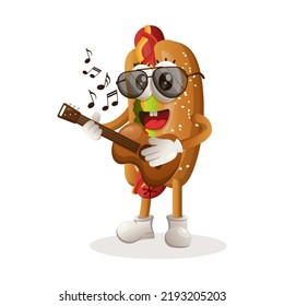 Cute hotdog mascot playing guitar. Perfect for food store, small business or e-Commerce, merchandise and sticker, banner promotion, food review blog or vlog channel