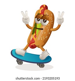 Cute hotdog mascot playing skateboard, skateboarding. Perfect for food store, small business or e-Commerce, merchandise and sticker, banner promotion, food review blog or vlog channel