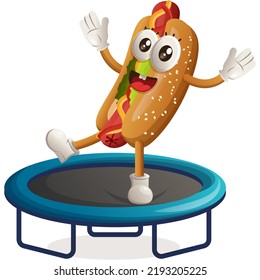 Cute hotdog mascot playing trampoline game. Perfect for food store, small business or e-Commerce, merchandise and sticker, banner promotion, food review blog or vlog channel