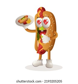 Cute hotdog mascot serving desserts, waiters. Perfect for food store, small business or e-Commerce, merchandise and sticker, banner promotion, food review blog or vlog channel