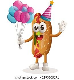 Cute hotdog mascot wearing a birthday hat, holding balloons. Perfect for food store, small business or e-Commerce, merchandise and sticker, banner promotion, food review blog or vlog channel