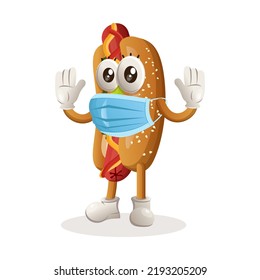 Cute hotdog mascot wearing medical mask, protect from covid-19. Perfect for food store, small business or e-Commerce, merchandise and sticker, banner promotion, food review blog or vlog channel