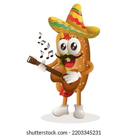 Cute hotdog mascot wearing mexican hat with playing guitar. Perfect for food store, small business or e-Commerce, merchandise and sticker, banner promotion, food review blog or vlog channel
