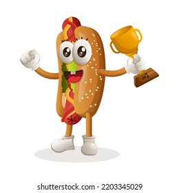 Cute hotdog mascot winning award and celebrating success. Perfect for food store, small business or e-Commerce, merchandise and sticker, banner promotion, food review blog or vlog channel
