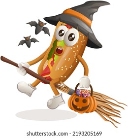 Cute hotdog mascot witch with holding halloween pumpkin with candy on it. Perfect for food store, small business or e-Commerce, merchandise and sticker, banner promotion, food review blog or vlog