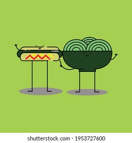 Cute hotdog and noodle hold hand Illustration. modern simple food vector icon, flat graphic symbol in trendy flat design style. Food character.