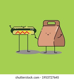 Cute hotdog and package hold hand Illustration. modern simple food vector icon, flat graphic symbol in trendy flat design style. Food character.