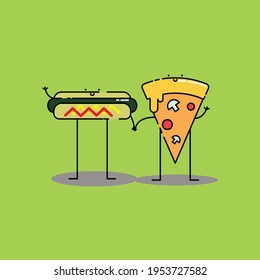 Cute hotdog and pizza hold hand Illustration. modern simple food vector icon, flat graphic symbol in trendy flat design style. Food character.