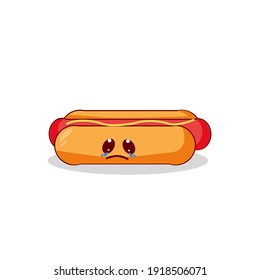 Rutschiger Hot Dog mit trauriger Expression. Flacher Cartoon. Flachdesign